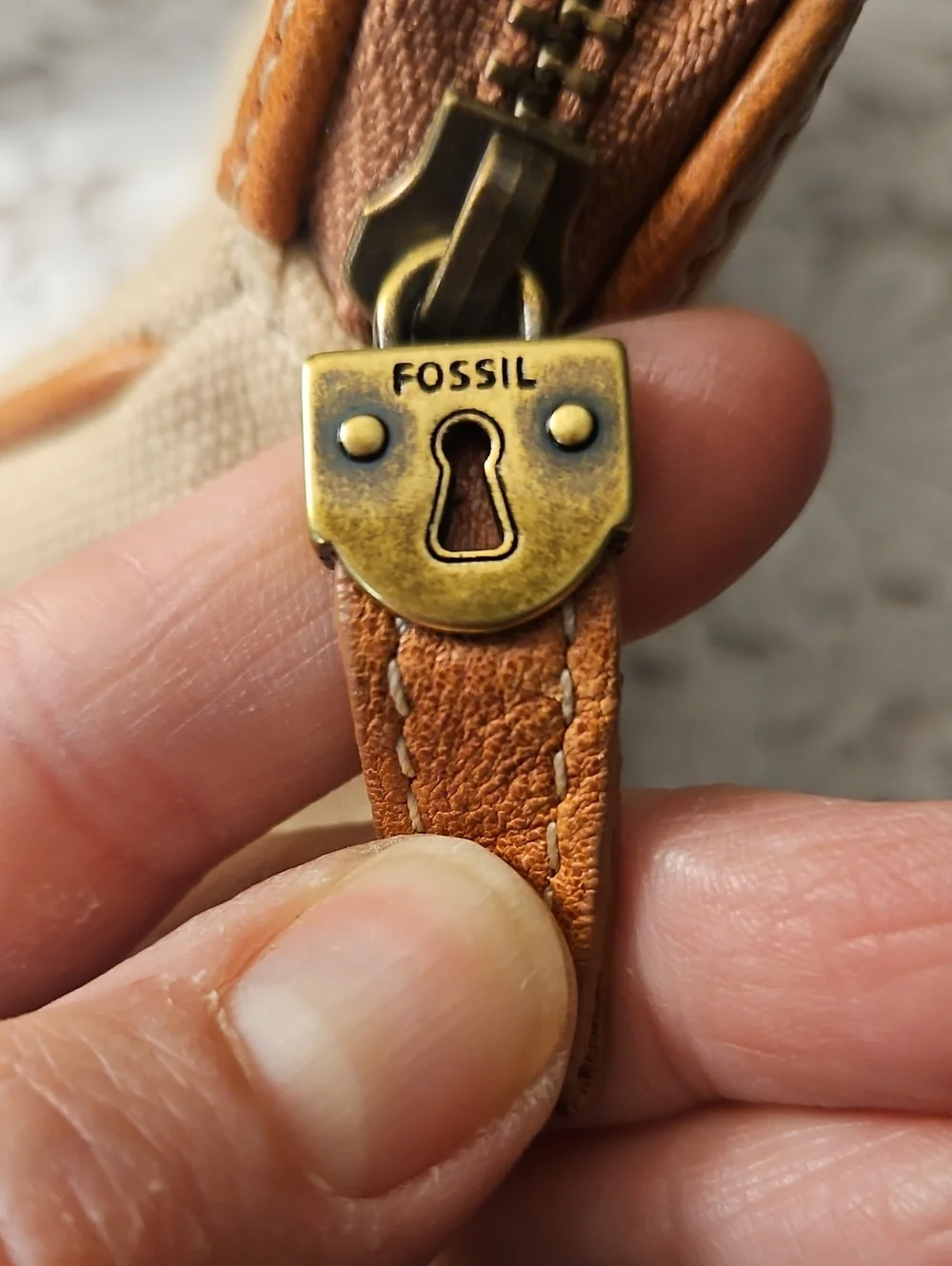Fossil Embroidered Cream Canvas Pouch with Brass Accent